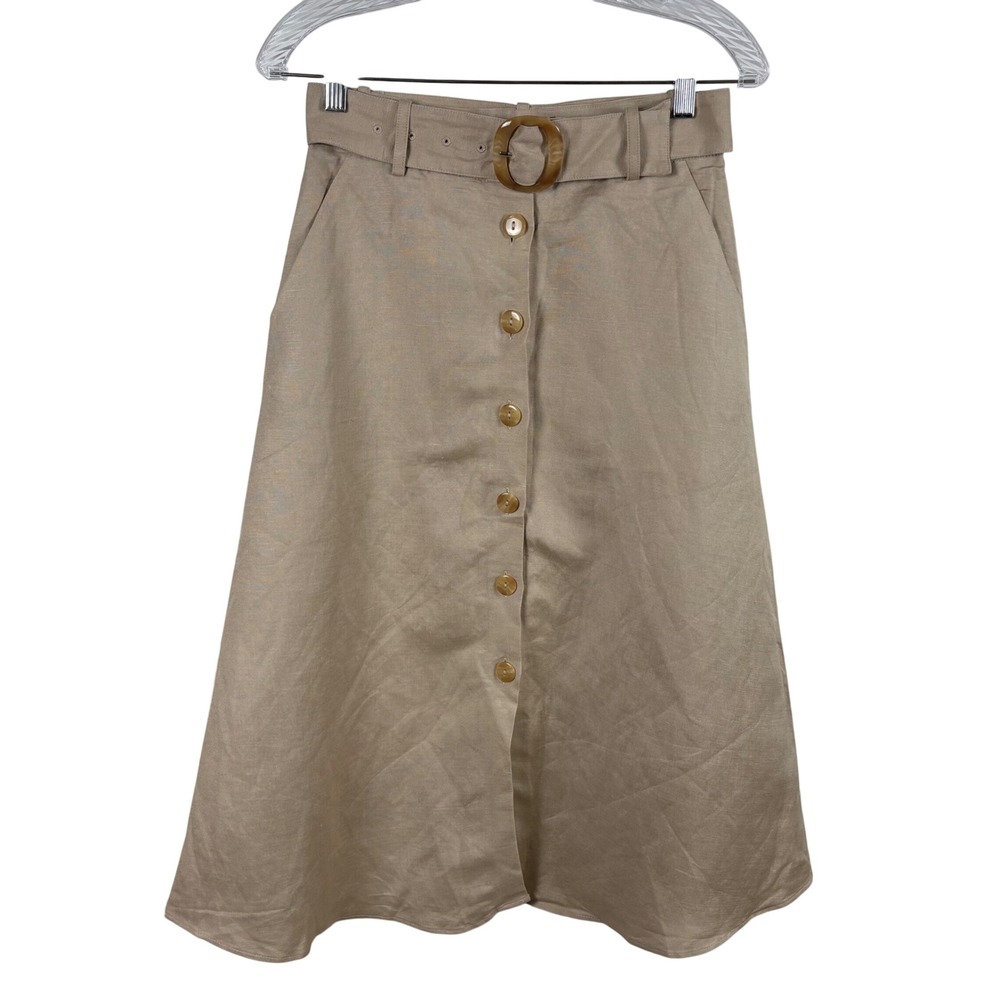 & Other Stories Midi Skirt 4 Tan Linen Blend A-Line Minimalist Coastal Safari